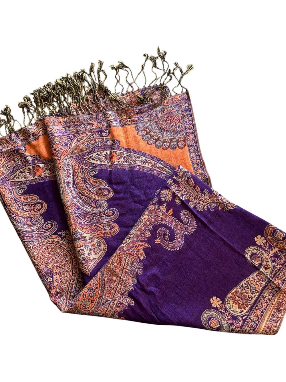 💜VTG 90s Women’s Purple Orange Tapestry Paisley Boho Fall Fringe Pashmina Scarf